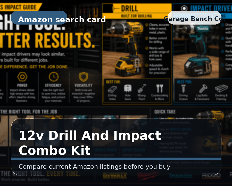 Illustrated 12v drill and impact combo kit comparison card