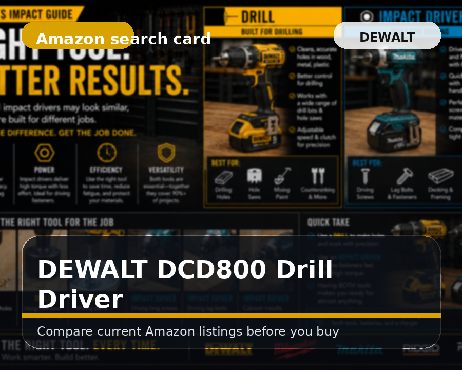 Illustrated dewalt dcd800 drill driver comparison card