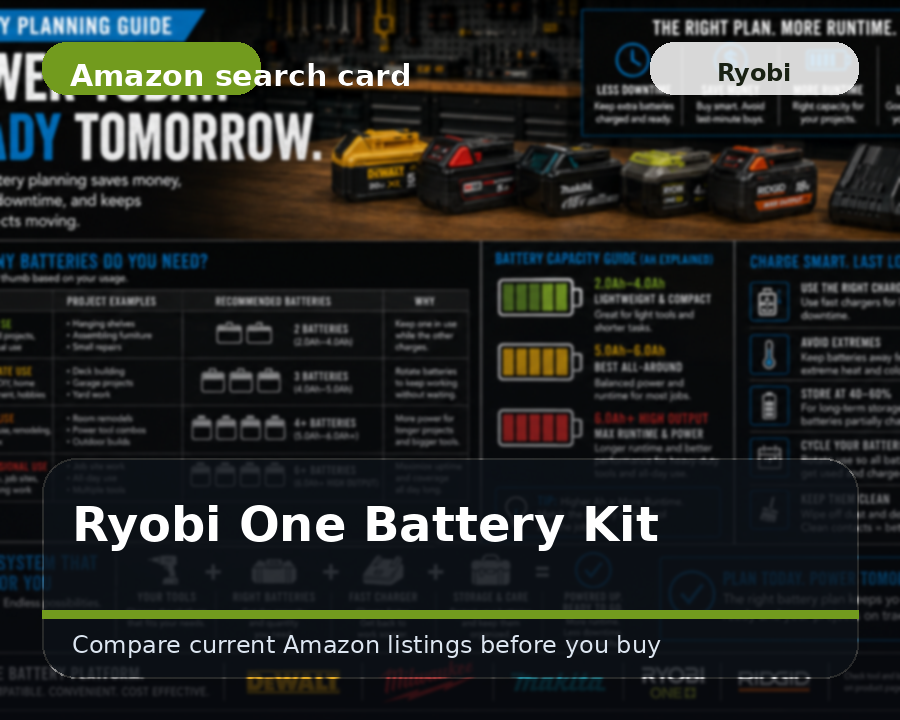 Illustrated ryobi one+ battery kit comparison card