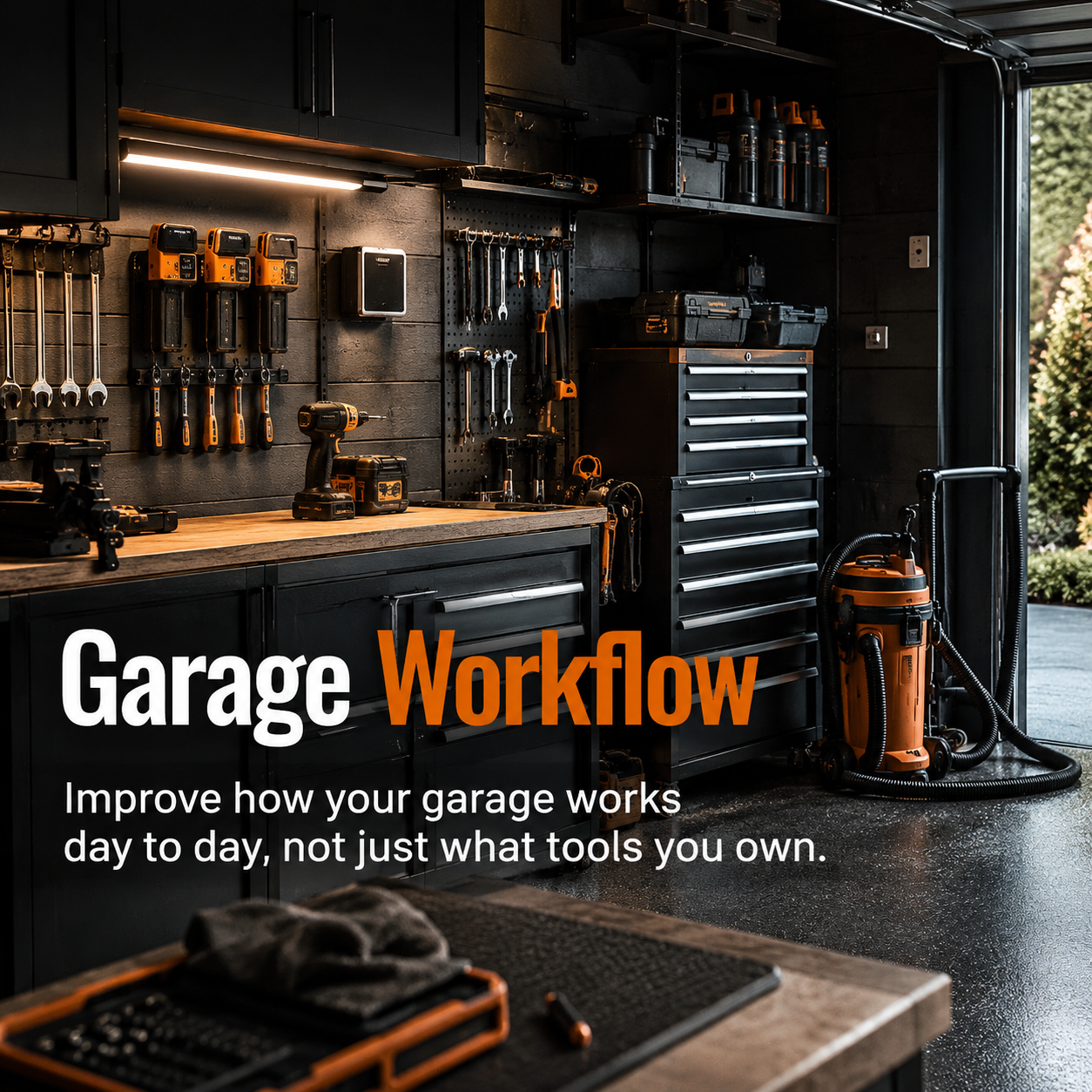 Garage workflow graphic showing a clean, efficient workshop with modern tools and support gear