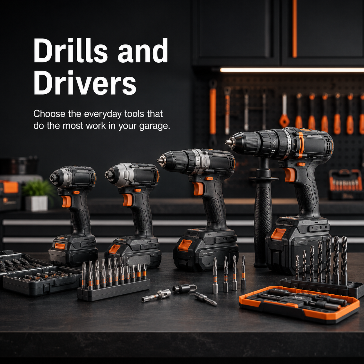 Drills and drivers graphic showing core starter tools for a modern workshop