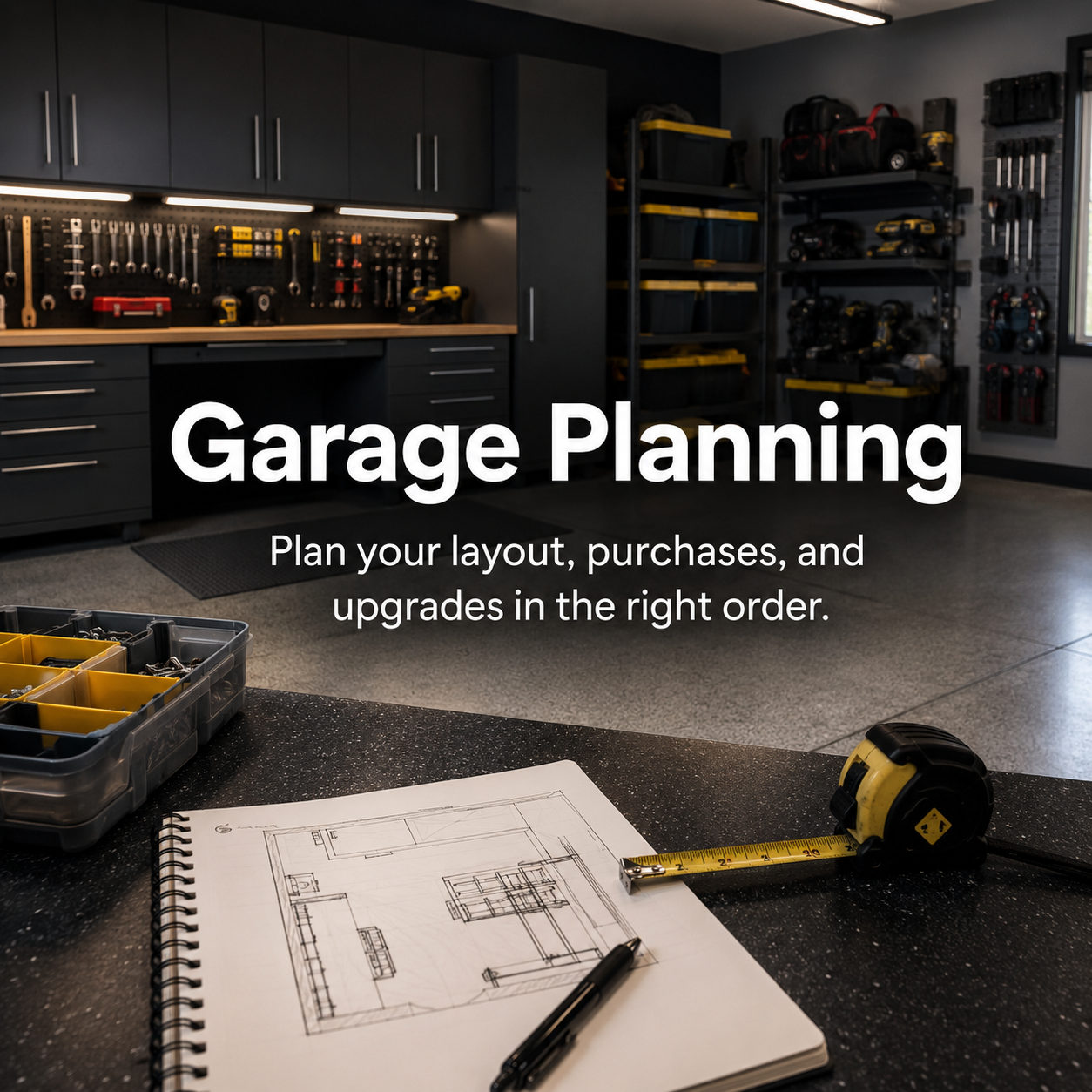 Garage planning graphic about workshop layout, organization, and buying order