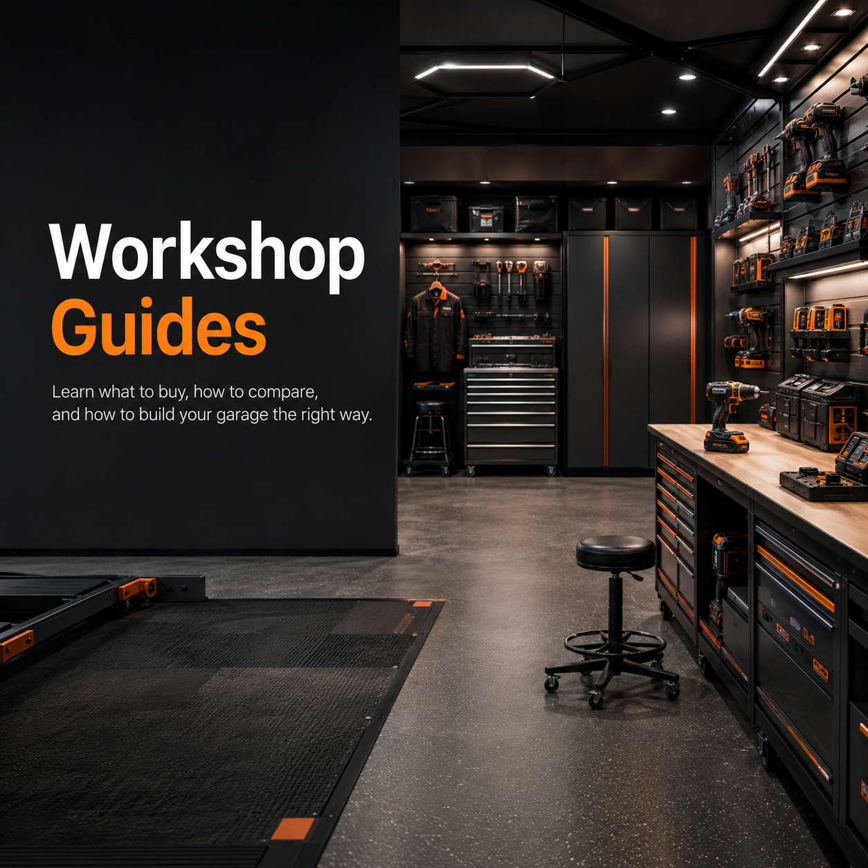 Modern industrial garage workspace design with organized tools, cabinets, and a clean bench