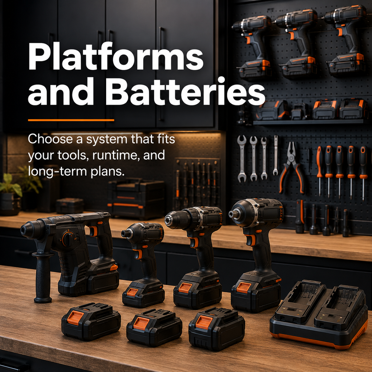 Platforms and batteries graphic with organized cordless tools, chargers, and battery gear