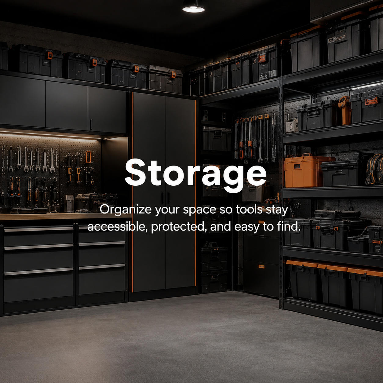 Storage graphic showing a sleek garage storage wall and organized workshop layout