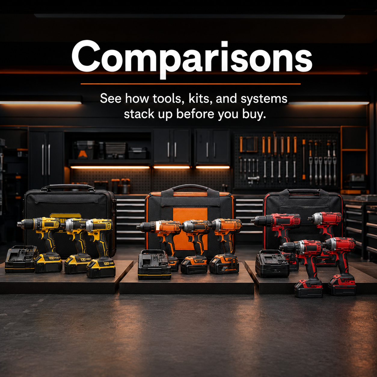 Comparisons graphic showing side-by-side tool choices in a workshop