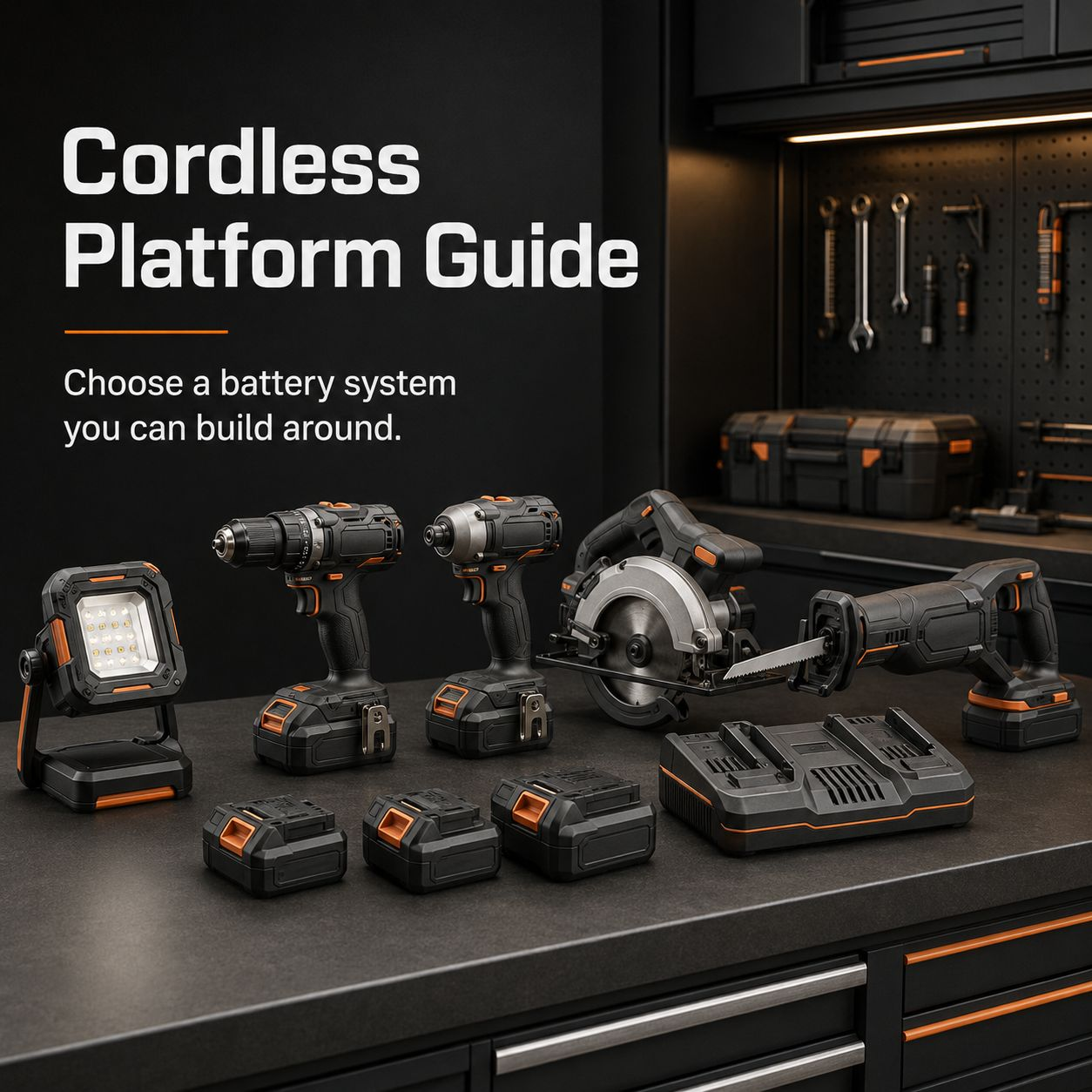 Cordless platform guide graphic showing a starter homeowner battery system and core tool lineup
