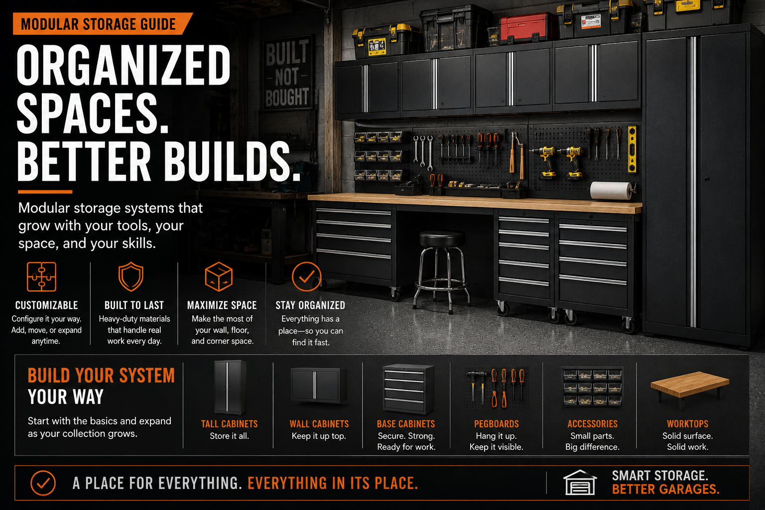Modular storage guide infographic comparing drawer-first and stack-based tool storage choices