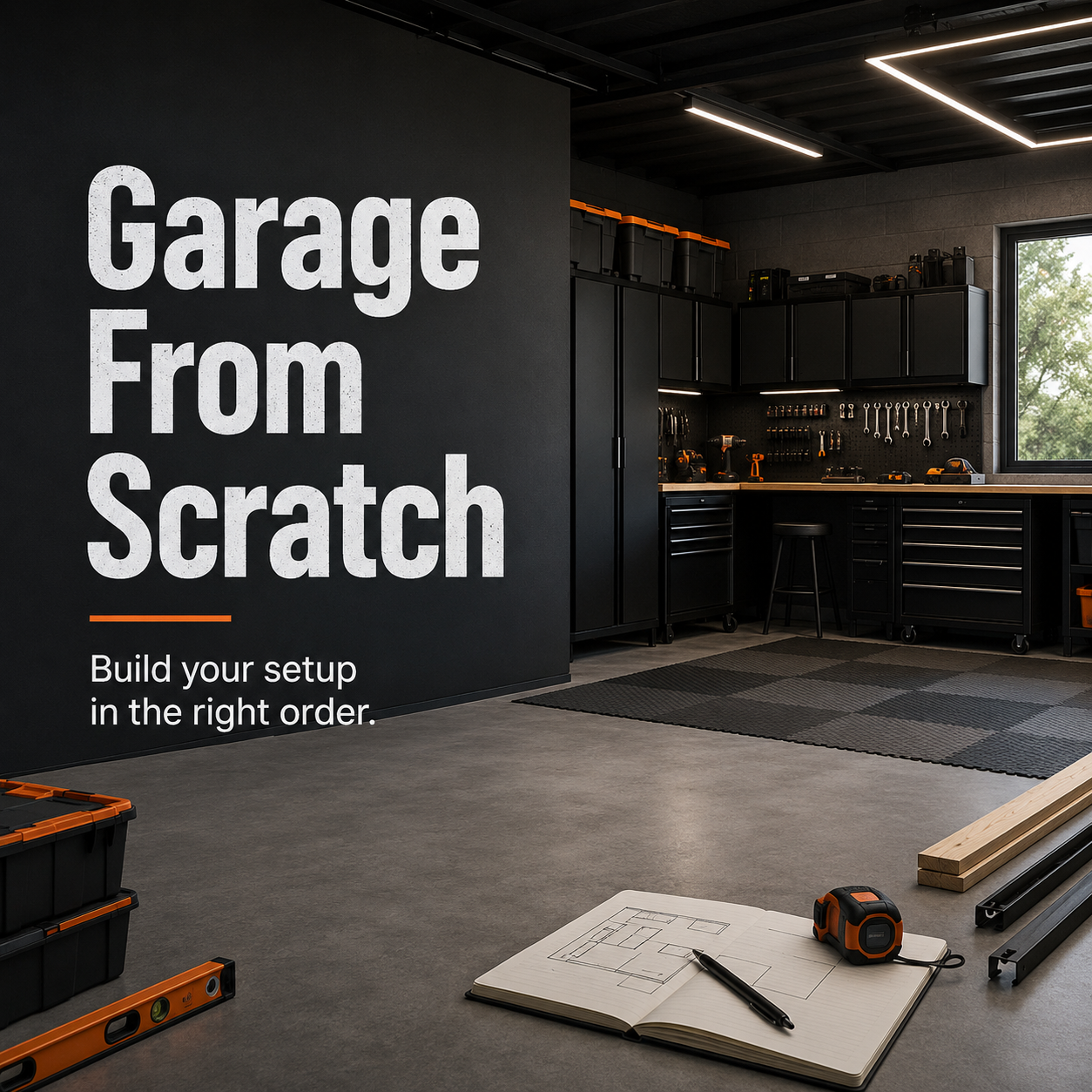 Garage from scratch graphic about building a smarter workshop in the right order