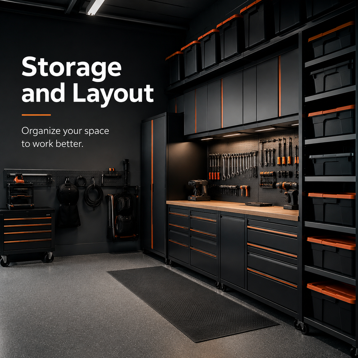 Storage and layout graphic showing an organized garage with cabinets, bins, and a cleaner workflow