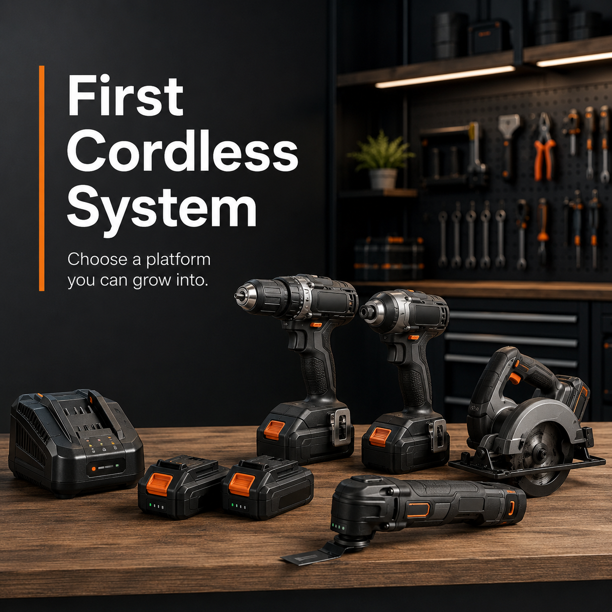 First cordless system graphic showing a starter battery platform with drill, impact driver, saw, and charger