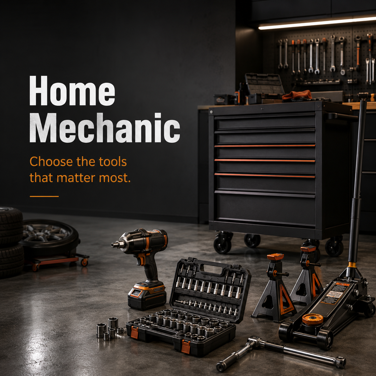 Home mechanic graphic showing an automotive-focused garage workspace with tools and storage