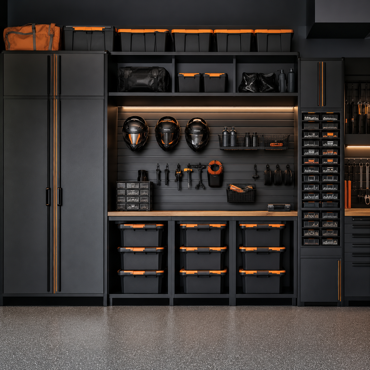 Organized garage storage wall with cabinets, tools, and riding gear