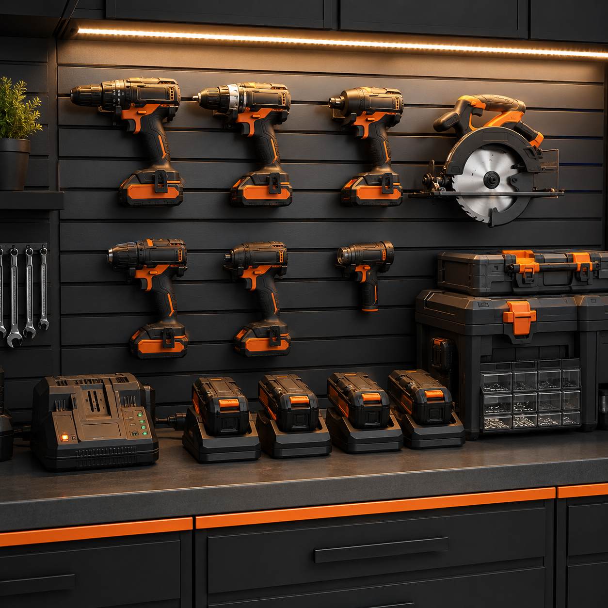 Compact cordless tool setup with neatly organized tools, chargers, and batteries