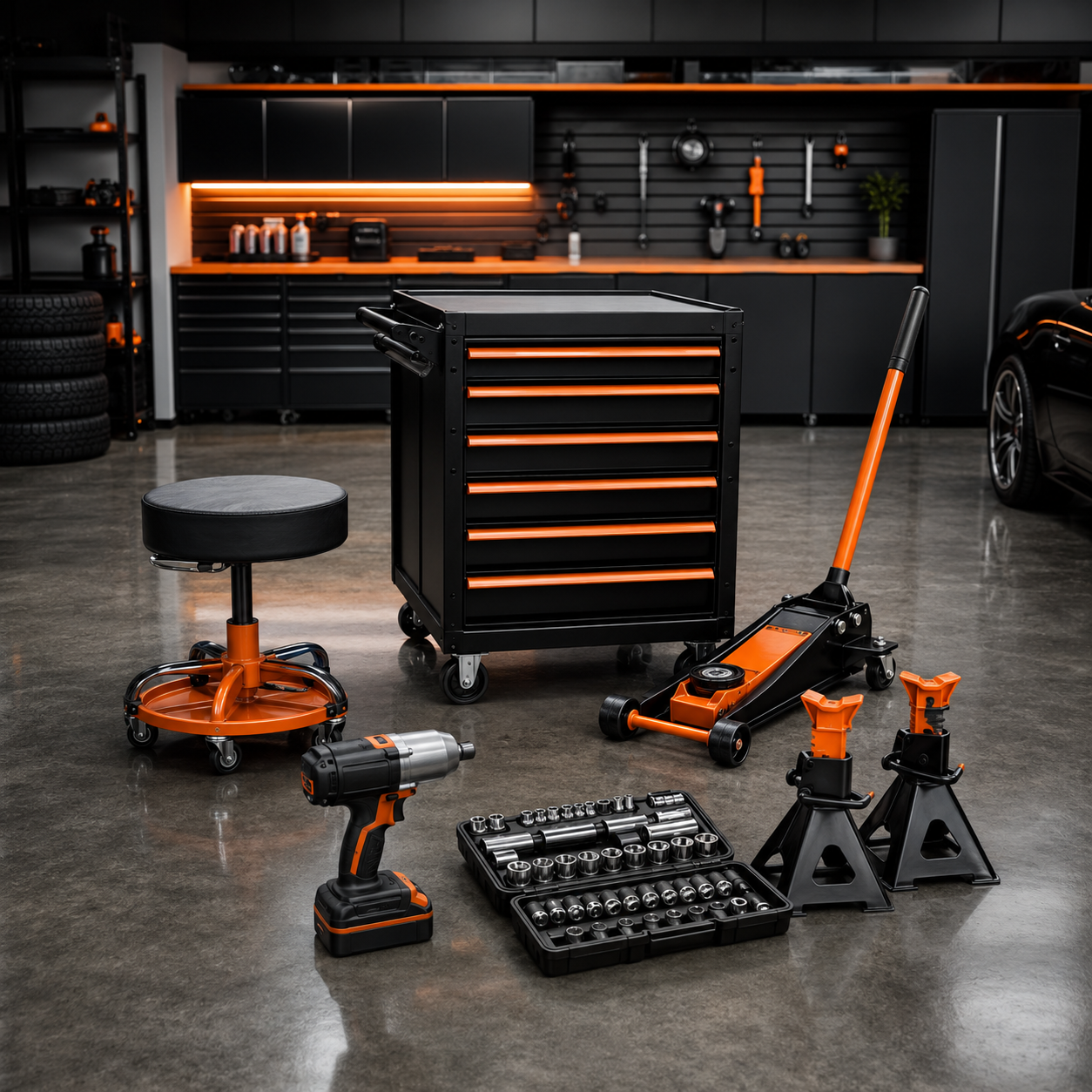 Home mechanic garage setup with rolling cart, storage, and workshop equipment