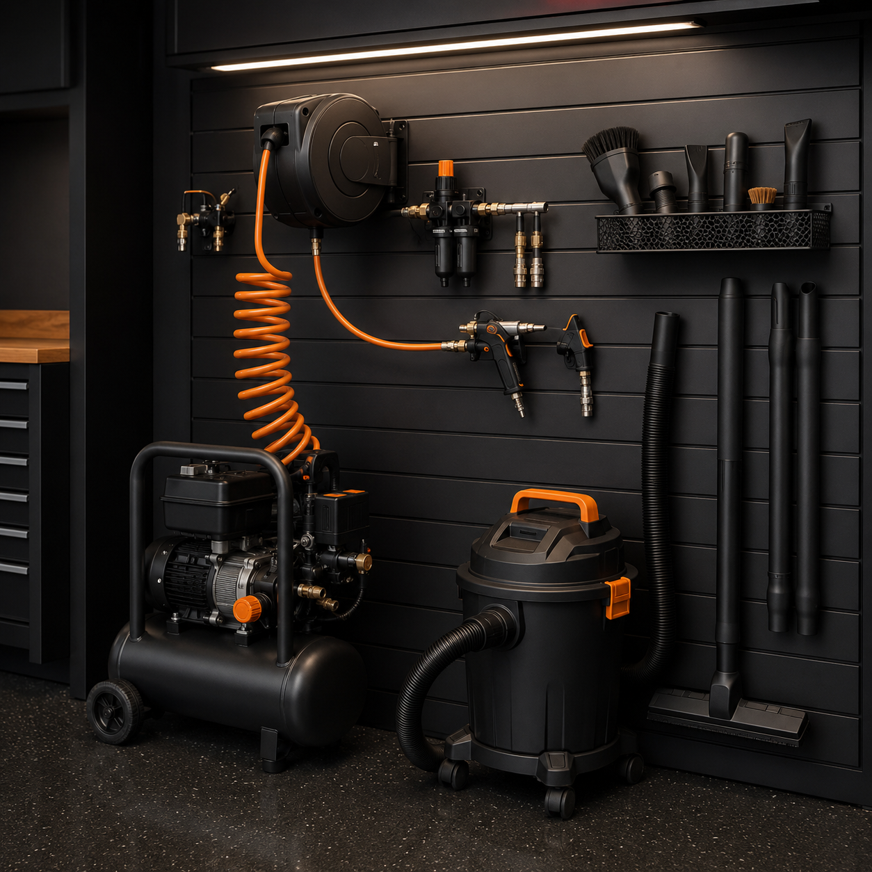 Garage wall setup with air and cleanup equipment organized in a compact station