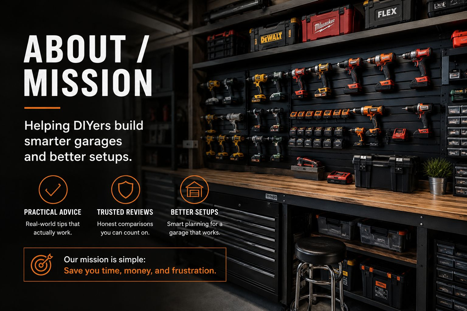About and mission graphic highlighting practical advice, trusted reviews, and better garage setups