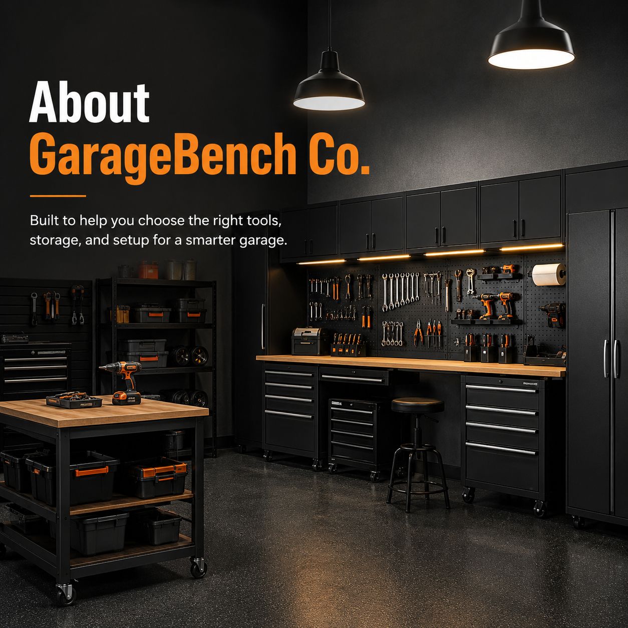 About Garage Bench Co. graphic showing the correct company name above a clean modern workshop