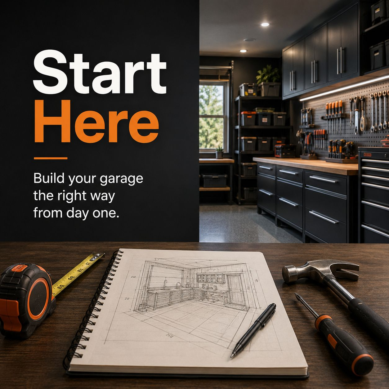 Start Here graphic inviting readers to build a garage workshop the right way from day one