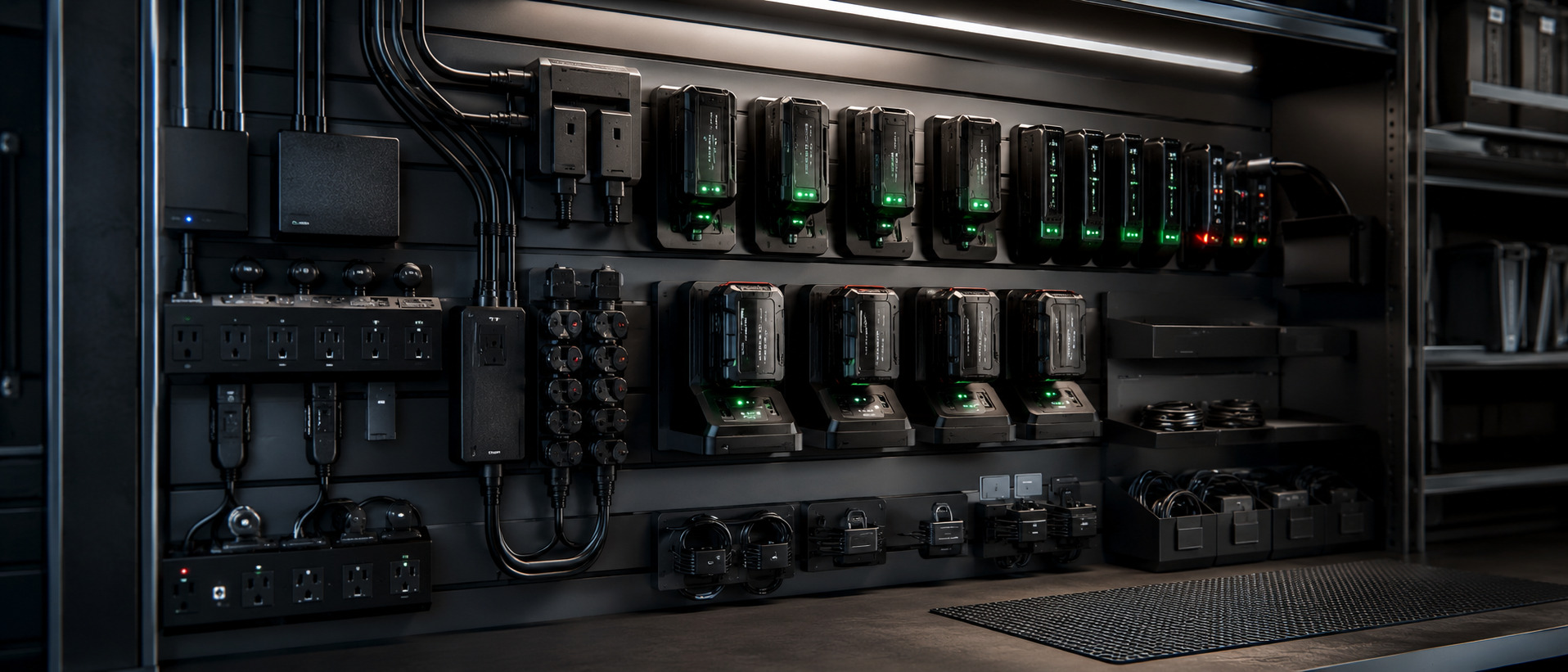 Cordless batteries, chargers, and clean cable routing in a garage charging zone