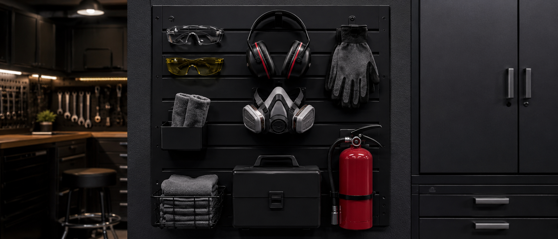 Workshop safety gear organized on a wall with goggles, gloves, hearing protection, and a fire extinguisher