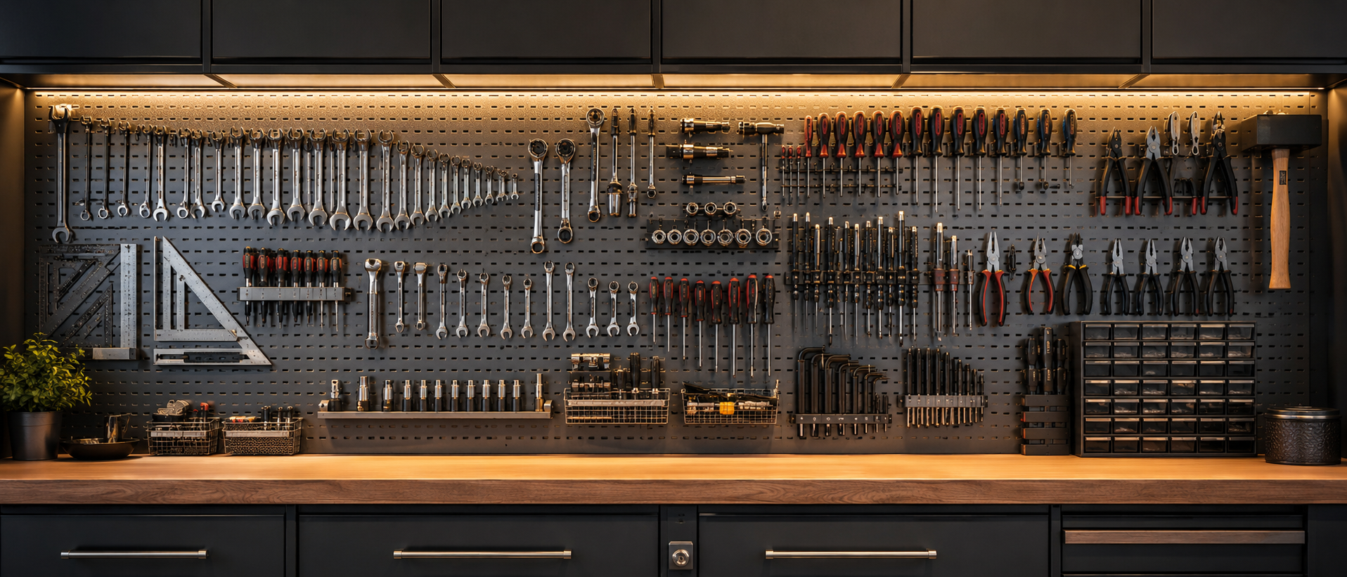 Garage cleanup setup with wall storage, hose access, and portable vacuum gear