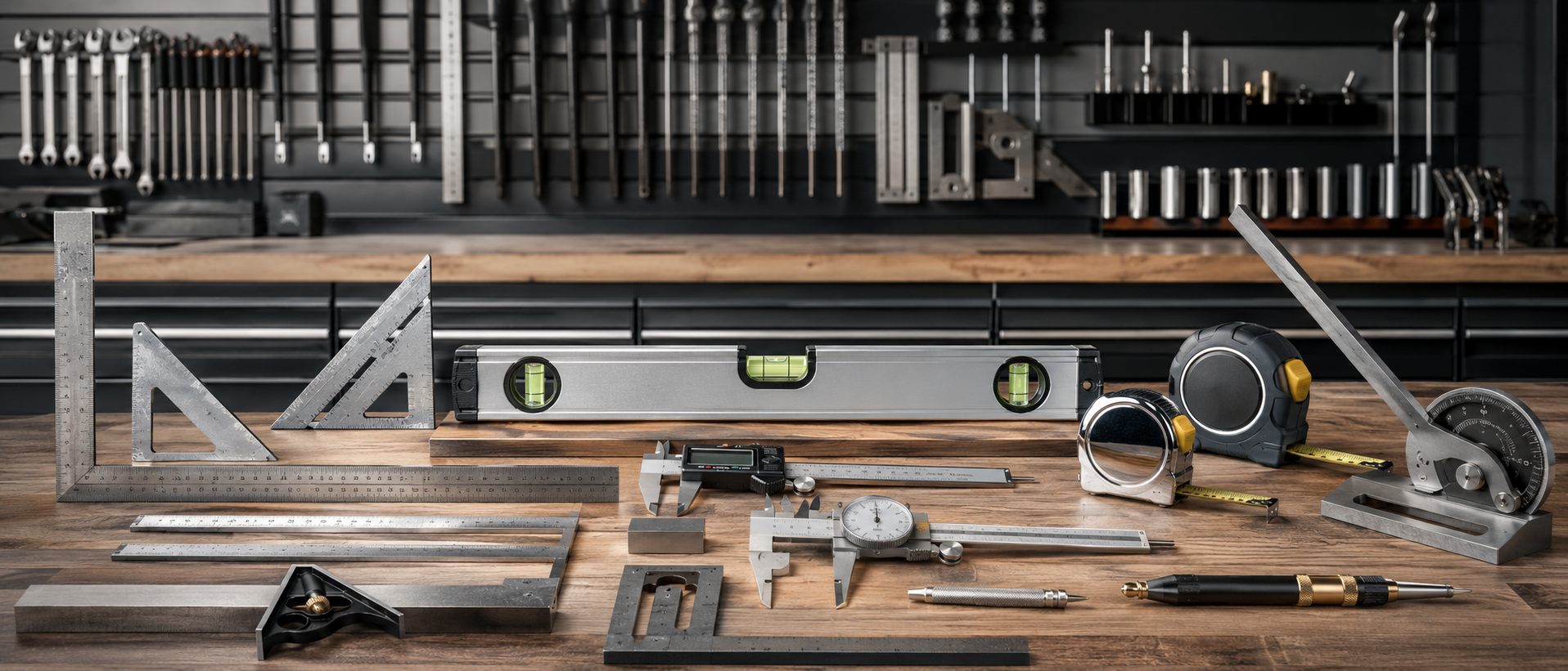 Precision measuring and layout tools arranged on a workshop bench