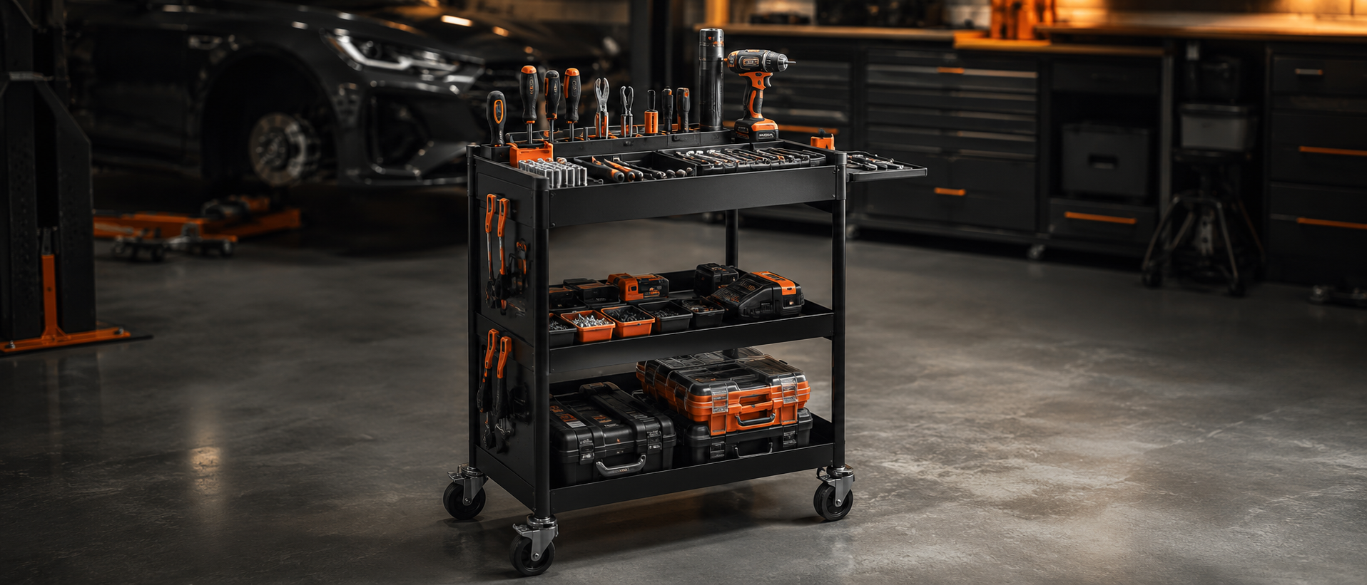 Portable rolling tool cart with cordless tools, batteries, and organized gear in a working garage